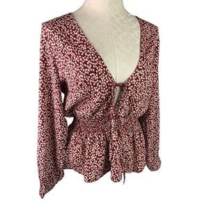 Medium Anama Womens Banded Waist Tie Front Blouse Floral Burgundy